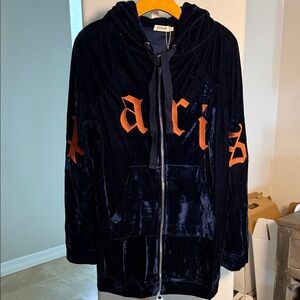 Essue Velvet Hoodie in Deep Blue with PARIS embroidered patch